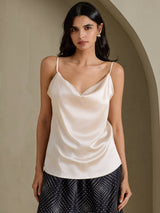 [Beige] SilkSilky-NO Spaghetti Strap Cowl Neck Camisole Topp 003