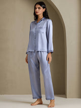 [Stål Blå] SilkSilky-NO Long Sleeve Lapel Collar Pyjamas for Kvinner 007