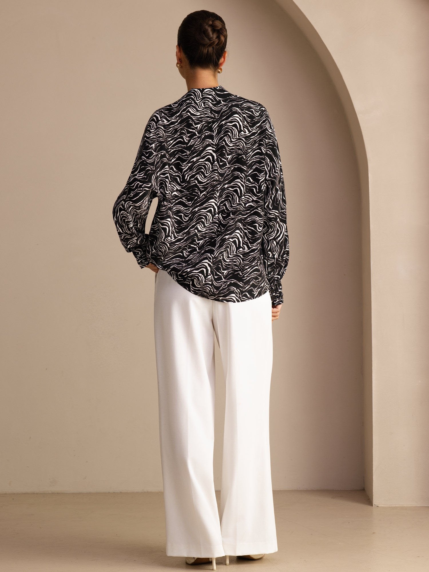 [Sort Bølge] SilkSilky-NO Long Sleeve Lapel Collar Skjorte for Kvinner 002