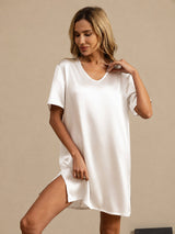 [Hvit] SilkSilky-NO Half Sleeve V Neck Nattkjole 003