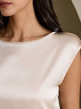 [Beige] SilkSilky-NO Cap Sleeve Round Neck T-skjorte for Kvinner 004