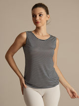 [Hvit Stripe] SilkSilky-NO Ermeløs Rund Hals Camisole Topp 004