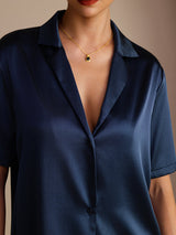 [Mørke blå] SilkSilky-NO Short Sleeve Lapel Collar Skjorte for Kvinner 004
