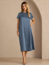 [Ekte Petrol] SilkSilky-NO Short Sleeve Crew Neck Kjole 007