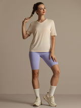 [Beige] SilkSilky-NO Kort erm V Hals T-skjorte for Kvinner 008