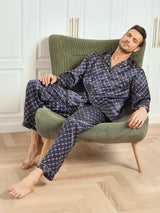 [Marine Kjede] SilkSilky-NO Long Sleeve Lapel Collar Pyjamas for menn 007