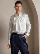 [Hvit] SilkSilky-NO Long Sleeve Tie Neck Damebluser 007