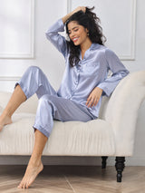 [Stål Blå] SilkSilky-NO Long Sleeve Lapel Collar Pyjamas for Kvinner 001
