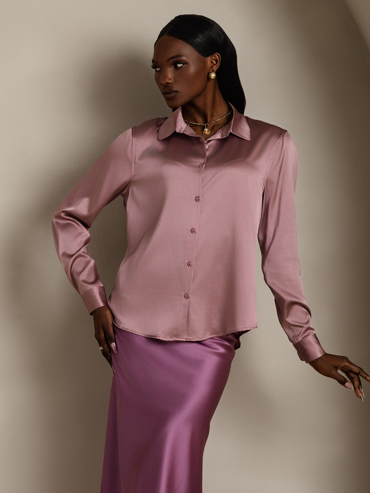 [Blek Mauve] SilkSilky-NO Silke Lapel Collar Skjorte for Kvinner 004