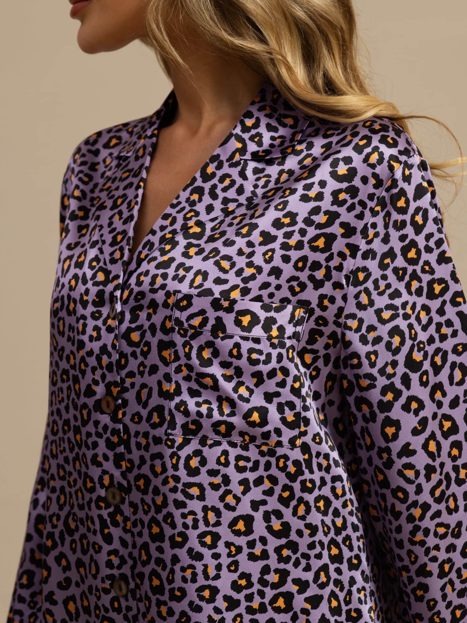 [Lilla Leopard] SilkSilky-NO Langermet Notchkrage Soveskjorte 005