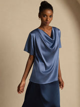 [Ekte Petrol] SilkSilky-NO Short Sleeve Cowl Neck Damebluser 007