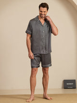 [Svart Ginkgo] SilkSilky-NO Short Sleeve Lapel Collar Pyjamas for menn 003