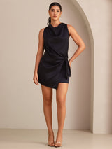 [Svart] SilkSilky-NO Sleeveless Cowl Neck Kjole 001