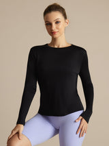 [Svart] SilkSilky-NO Langermet Tett Crew Neck T-skjorte for Kvinner 001