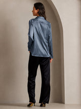 [Ekte Petrol] SilkSilky-NO Long Sleeve Lapel Collar Skjorte for Kvinner 003