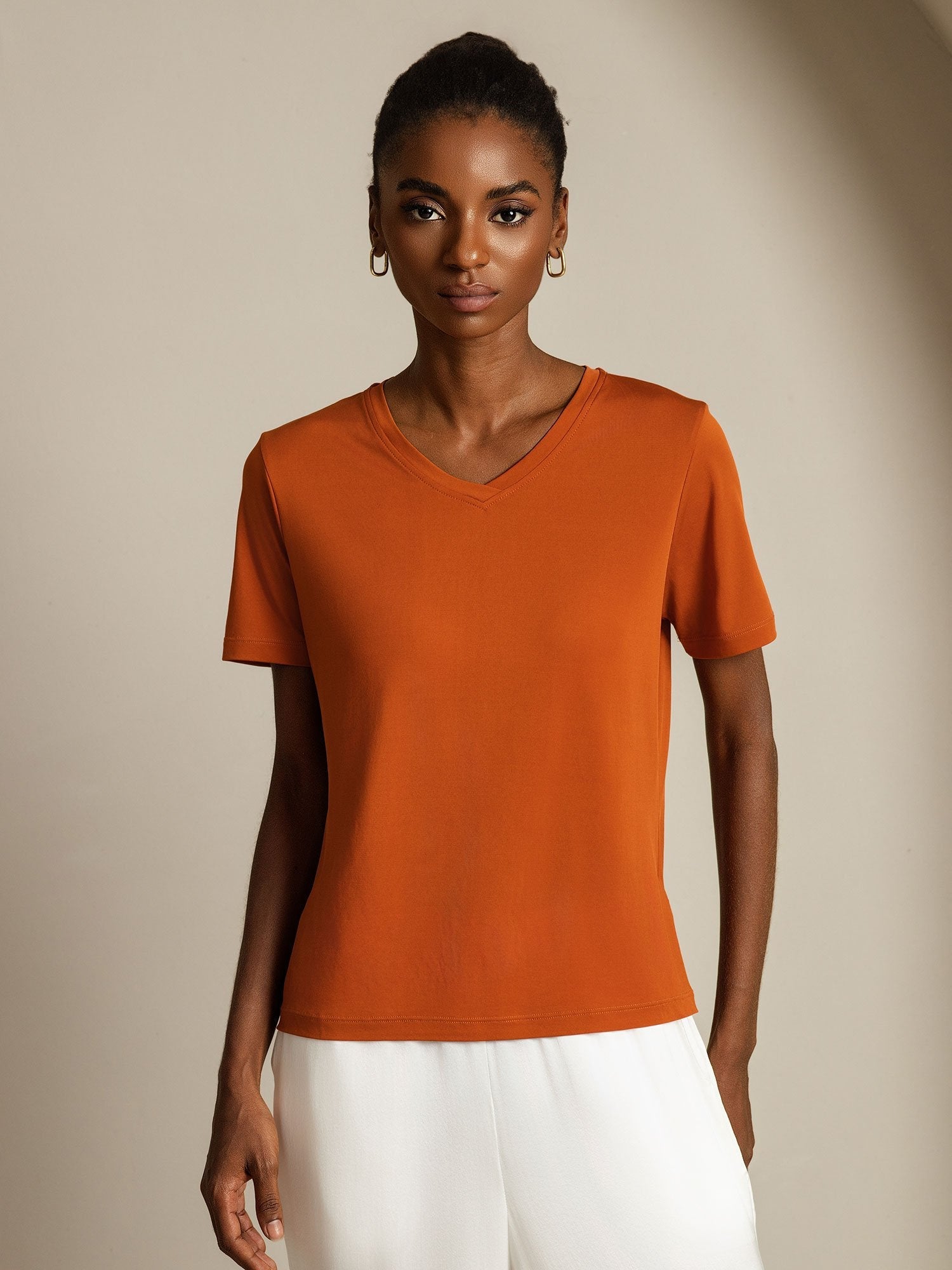 [Oransje] SilkSilky-NO Short Sleeve V Neck T-skjorte for Kvinner 001