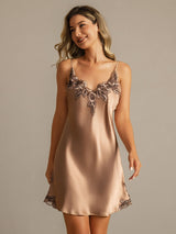 [Brun] SilkSilky-NO Spaghetti Strap V Neck Nattkjole 003