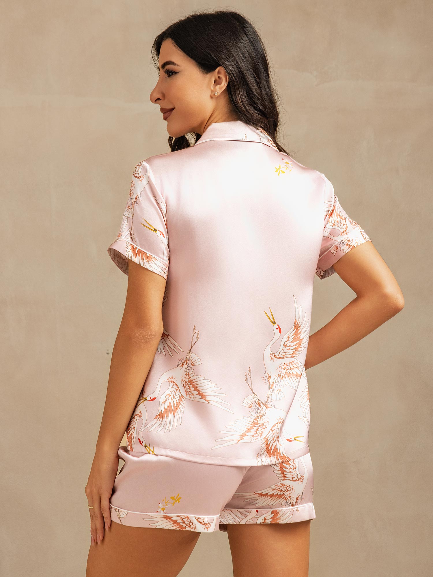 [Rosa] SilkSilky-NO Short Sleeve Lapel Collar Pyjamas for Kvinner 002