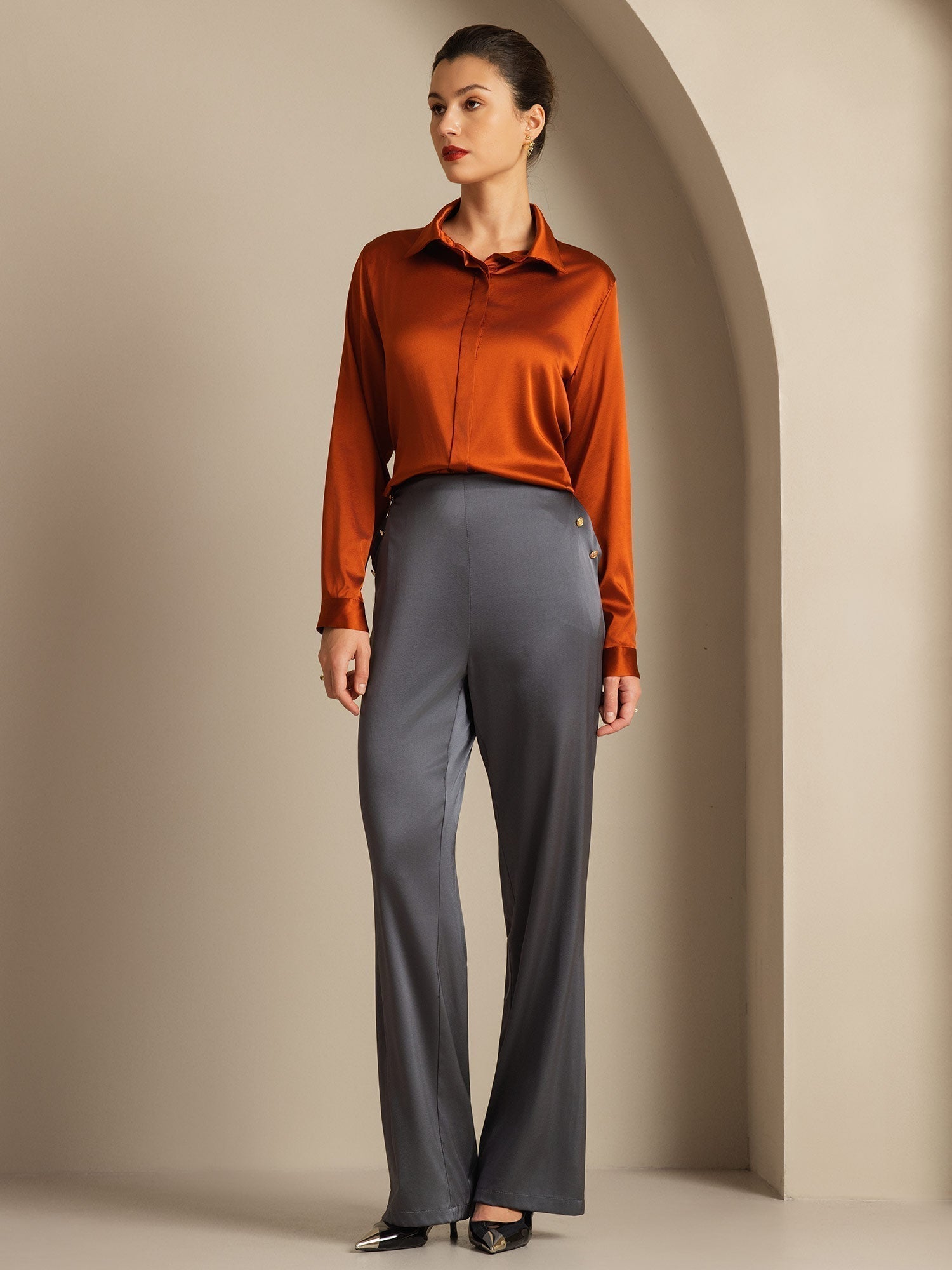 [Mørkegrå] SilkSilky-NO 19Momme Silke Womens Pants 007,