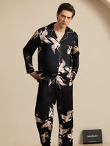 [Svart] SilkSilky-NO Long Sleeve Notch Collar Pyjamas for menn 004