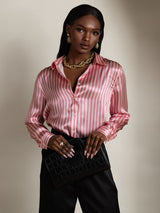 [Rosa Stripe] SilkSilky-NO Long Sleeve Lapel Collar Skjorte for Kvinner 006