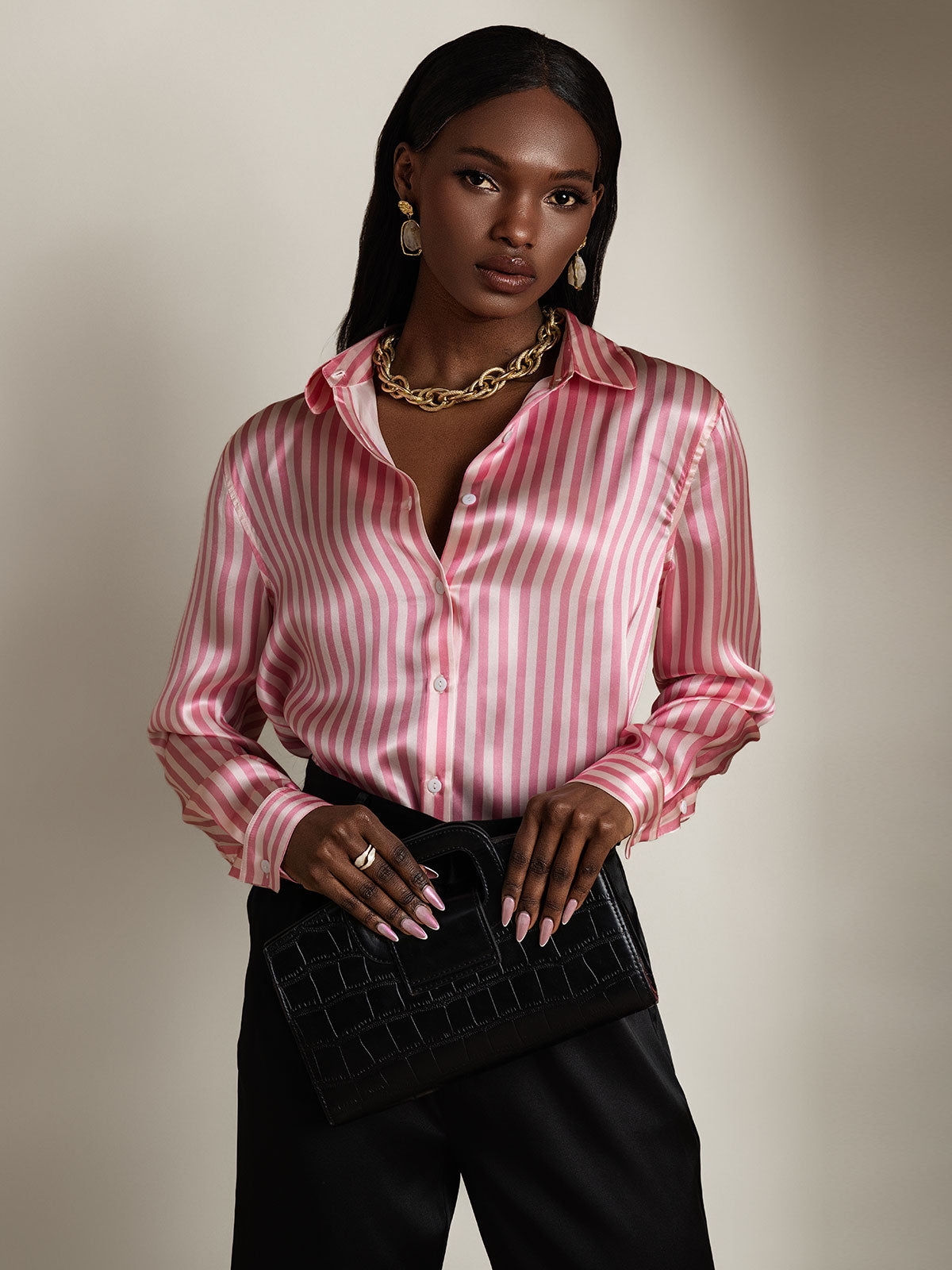 [Rosa Stripe] SilkSilky-NO 19Momme Langermet Slagkrage Skjorte for Kvinner 006