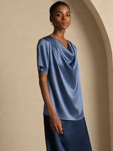 [Ekte Petrol] SilkSilky-NO Short Sleeve Cowl Neck Damebluser 004