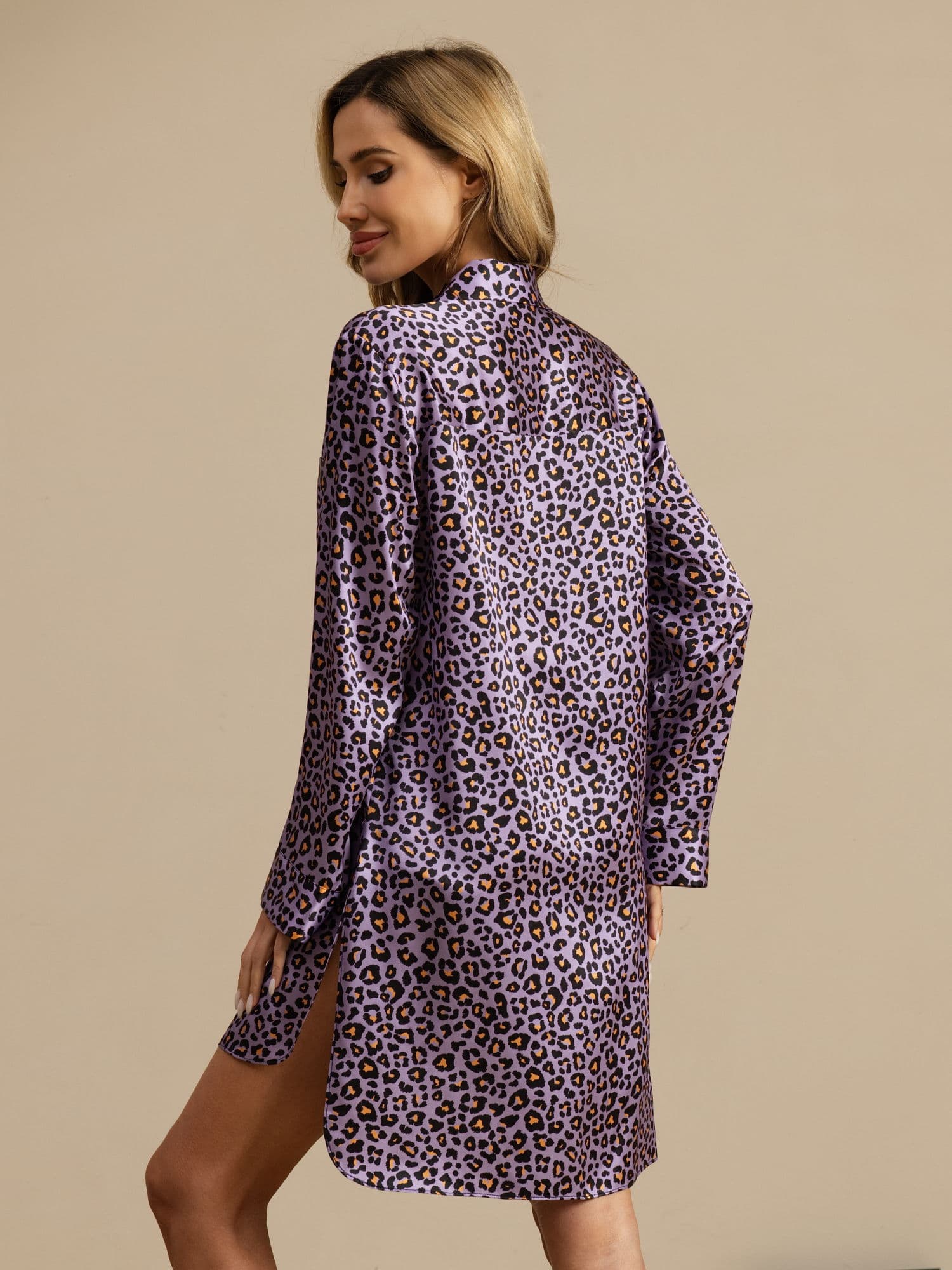 [Lilla Leopard] SilkSilky-NO Langermet Notchkrage Soveskjorte 002