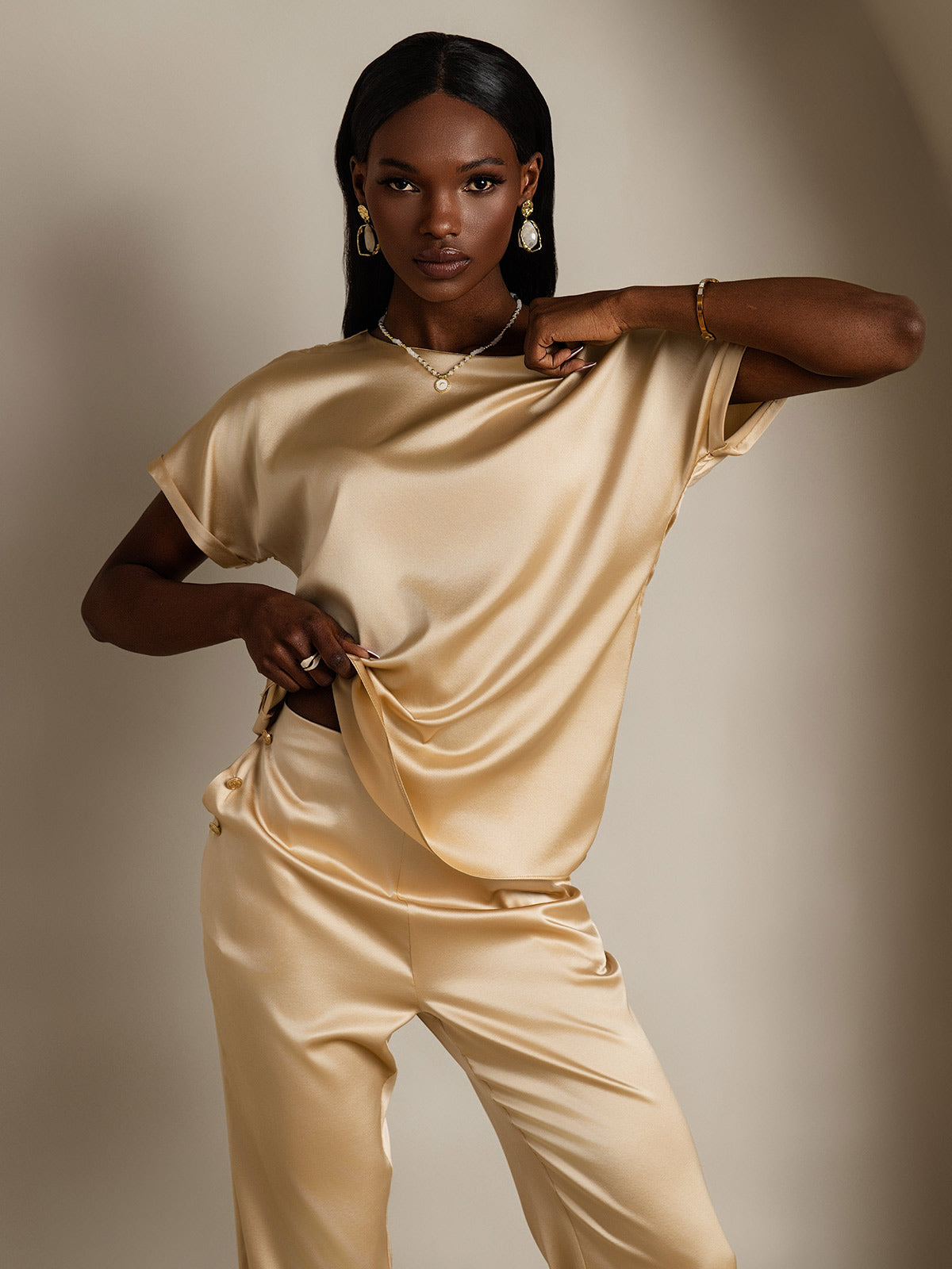 [Champagne] SilkSilky-NO 19Momme Silke Womens T-Shirt 004,