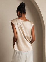 [Beige] SilkSilky-NO Cap Sleeve Round Neck T-skjorte for Kvinner 002