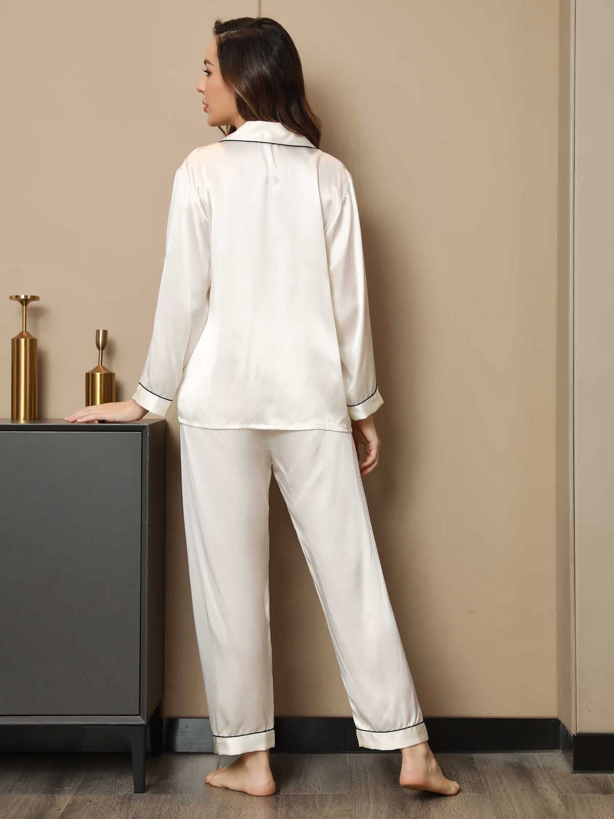 [Hvit] SilkSilky-NO Long Sleeve Lapel Collar Pyjamas for Kvinner 002