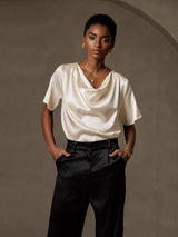 [Beige] SilkSilky-NO Short Sleeve Cowl Neck Damebluser 003