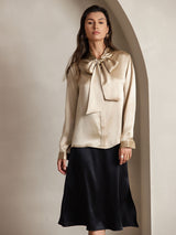 [Champagne] SilkSilky-NO 19Momme Langermet Sløyfe-Krage Bluse 001