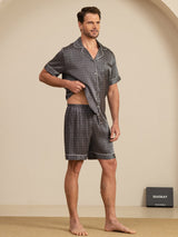 [Svart Ginkgo] SilkSilky-NO Short Sleeve Lapel Collar Pyjamas for menn 006