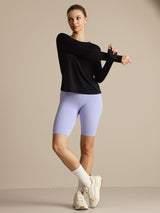 [Svart] SilkSilky-NO Langermet Tett Crew Neck T-skjorte for Kvinner 007