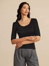 [Svart] SilkSilky-NO Halv erme Scoop Neck T-skjorte for Kvinner 004