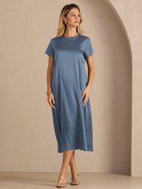 [Ekte Petrol] SilkSilky-NO Short Sleeve Crew Neck Kjole 005