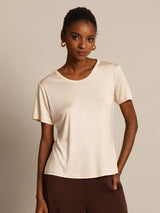 [Beige] SilkSilky-NO Kort erm Rund Hals T-skjorte for Kvinner 006