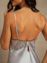 [Gråblå] SilkSilky-NO Spaghetti Strap Deep V Neck Nattkjole 004