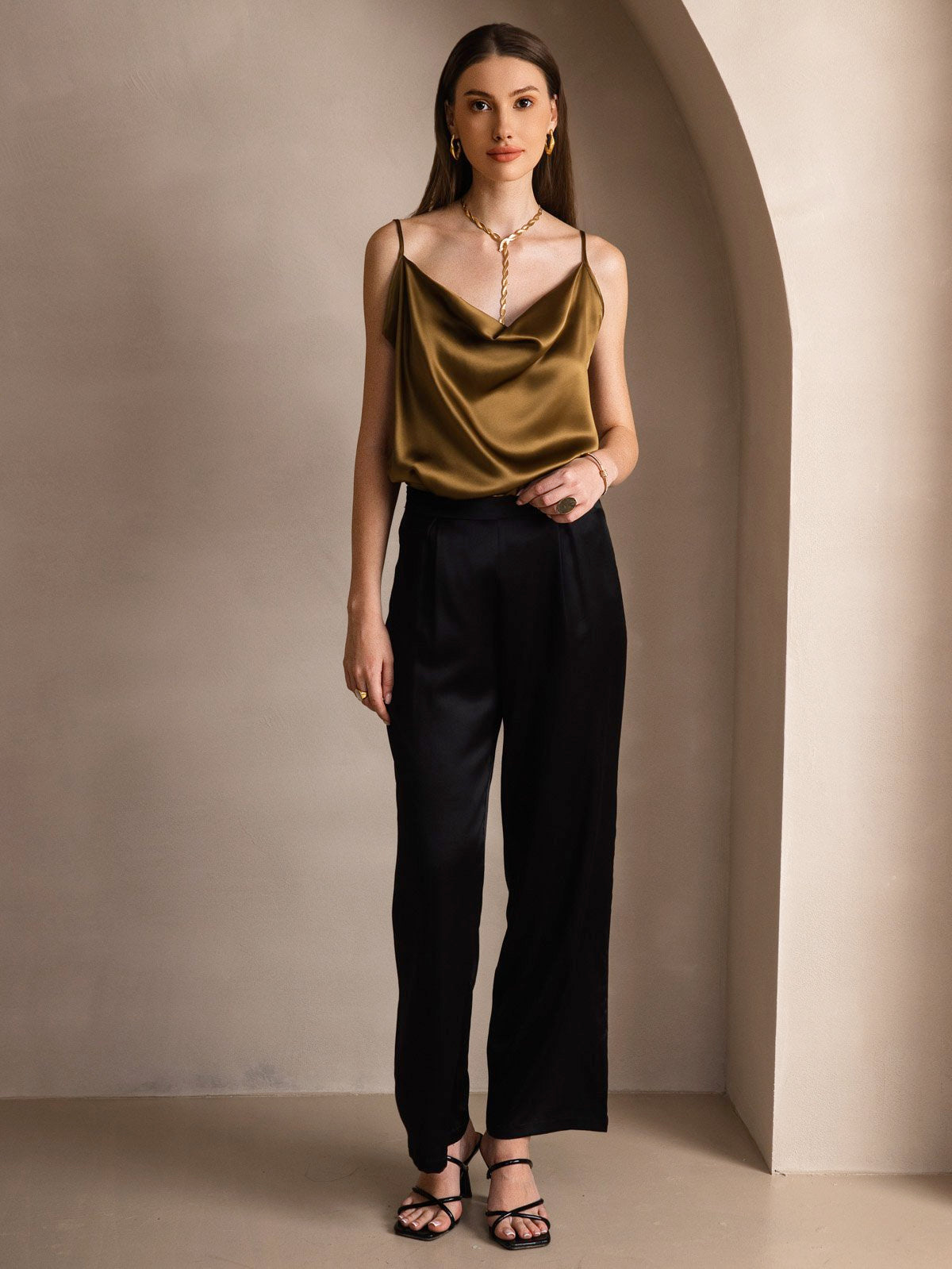 [Brun] SilkSilky-NO 19Momme Silke Cowl Neck Camisole Topp 006
