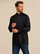 [Svart] SilkSilky-NO Long Sleeve Stand Collar Skjorte for Menn 005