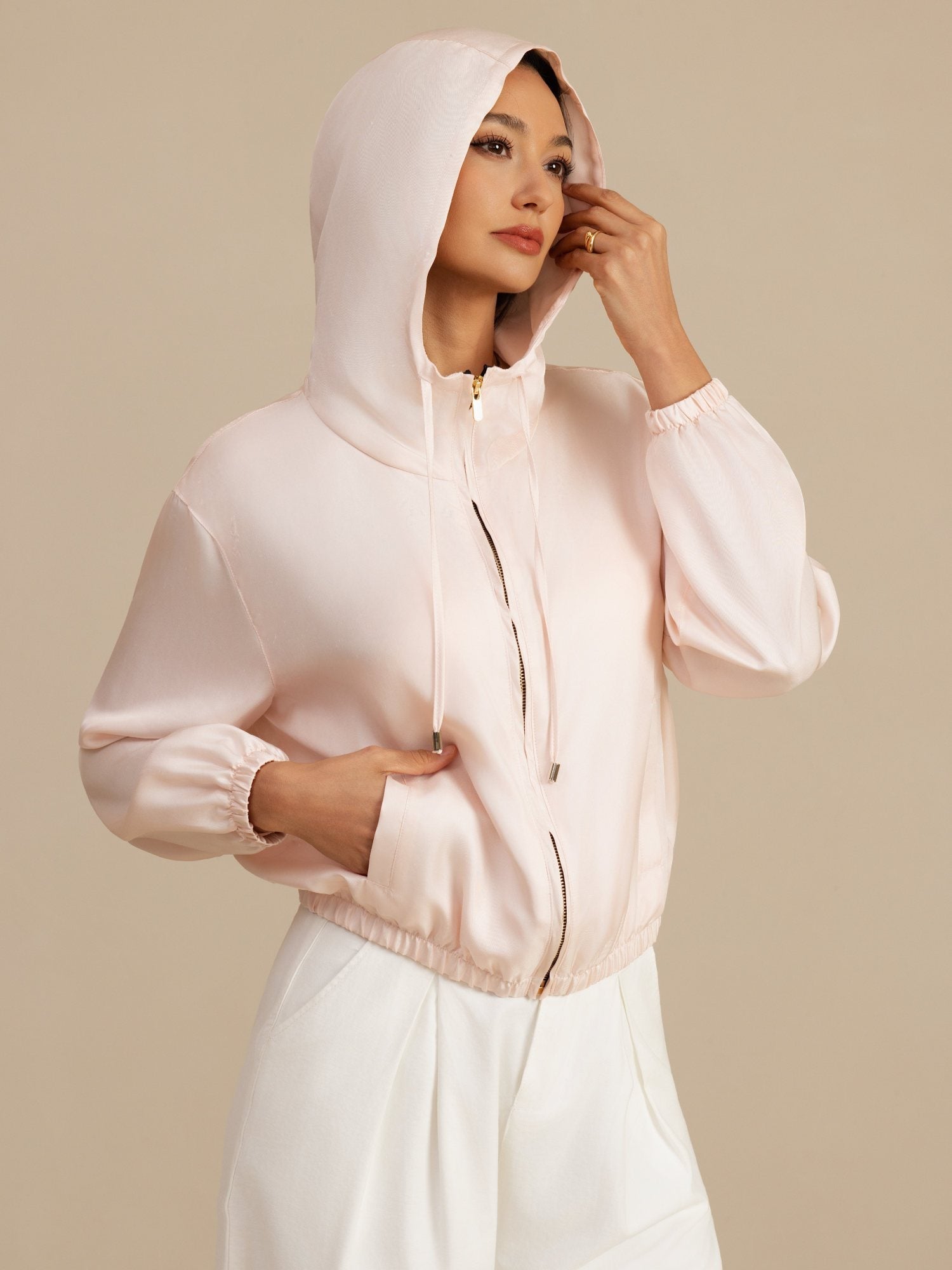 [Rosa] SilkSilky-NO 18Momme Langermet Ståkrave Yttertøy for Kvinner 001