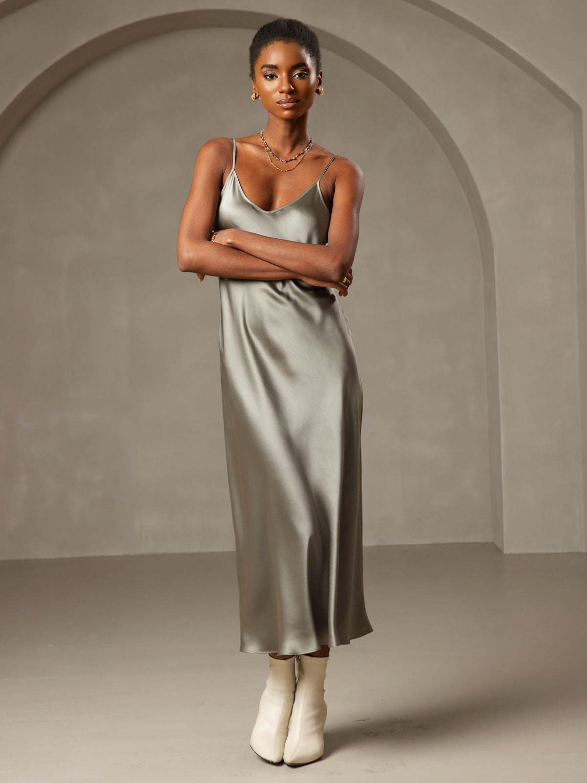 [Grågrønn] SilkSilky-NO Pure Silk Sleeveless Round Neck Kjole 001