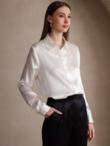 [Hvit] SilkSilky-NO Long Sleeve Lapel Collar Skjorte for Kvinner 004