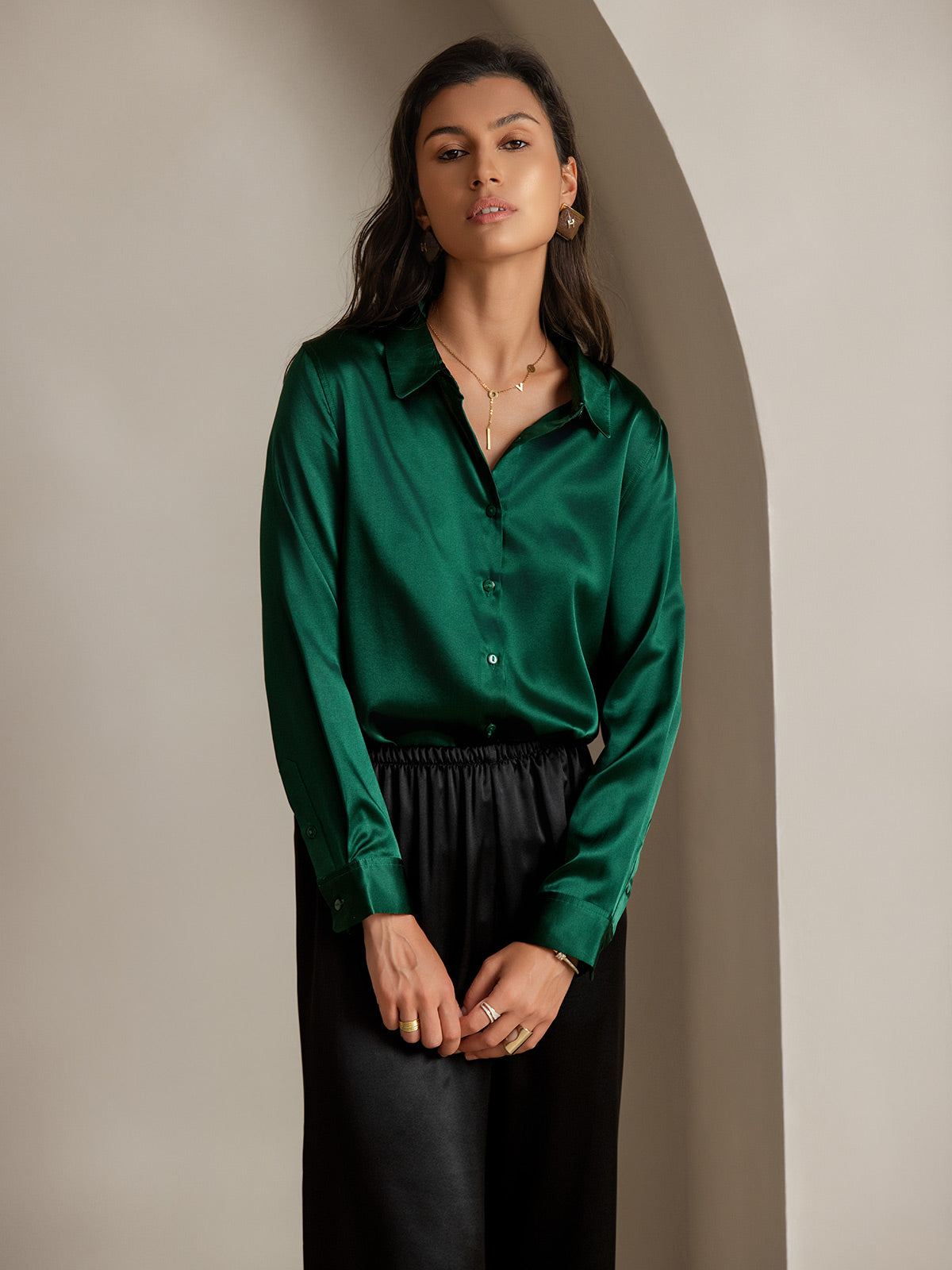 SilkSilky  Silk Blend Long Sleeve Collar Women's Shirt DarkGreen 001