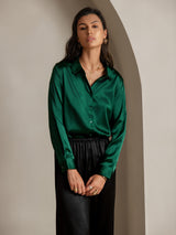 [Mørk Grønn] SilkSilky-NO Long Sleeve Lapel Collar Skjorte for Kvinner 001