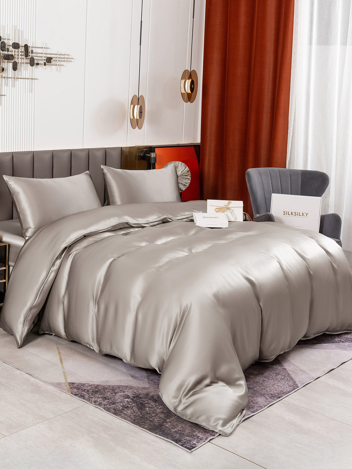 [Grå] SilkSilky-NO 19Momme Bedding Set 002