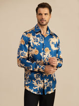 [Navy Drage] SilkSilky-NO Long Sleeve Lapel Collar Skjorte for Menn 004