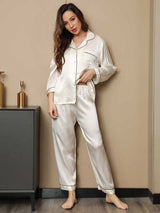 [Hvit] SilkSilky-NO Long Sleeve Lapel Collar Pyjamas for Kvinner 003