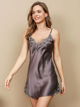 [Lilla Grå] SilkSilky-NO Spaghetti Strap V Neck Nattkjole 003